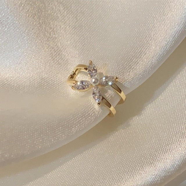 Fashion Gold CZ Crystal Ear Cuff Fake Piercing Pearl Clip on Earrings