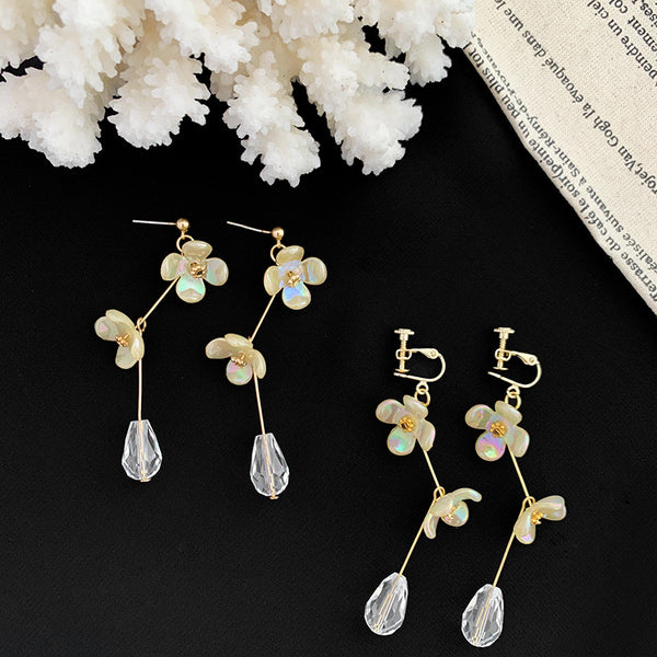 Pendientes largos elegantes con clip retro de flores acrílicas sencillas