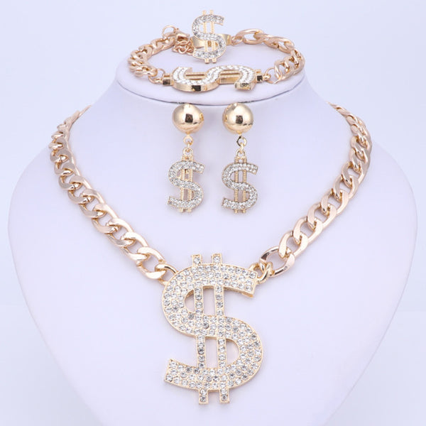 Conjunto de joyas con colgante de símbolo de dólar con destellos de hip hop en color dorado