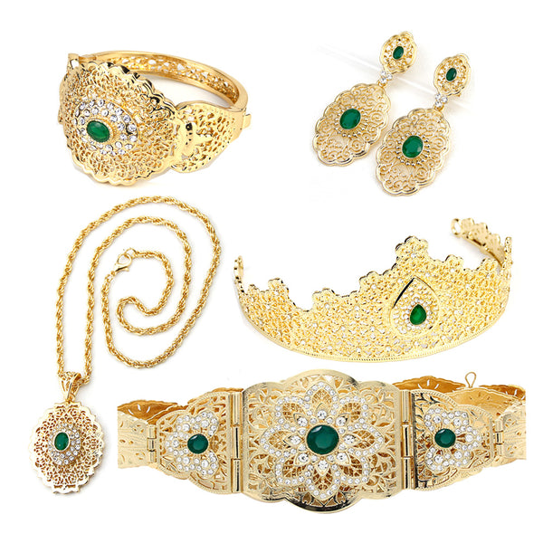 Conjunto de 5 tiaras, collar, brazalete y pendientes con cinturón marroquí