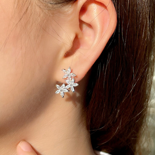 Romantic Silver Color Jewelry Five Petals Flower Shape Cubic Zirconia Stone Women Earrings