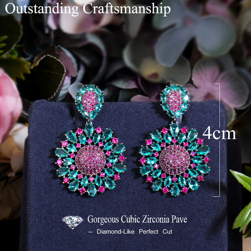Designer Shiny Rose Red CZ Stone Big Round Flower Statement Dangle Earrings