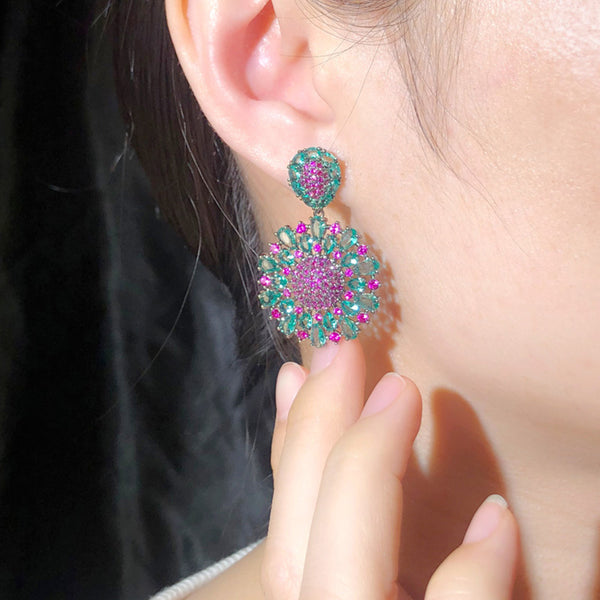 Designer Shiny Rose Red CZ Stone Big Round Flower Statement Dangle Earrings