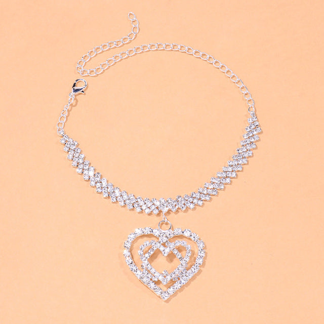 Bling Rhinestone Double Heart Anklet Jewelry for Women