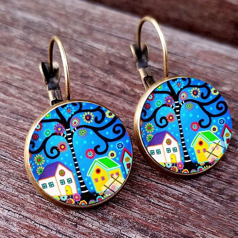 Colorful House and Tree Women Stud Earring