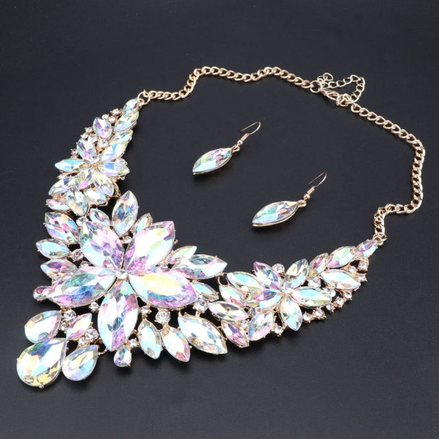 Fashion Gifts Flower Crystal Necklace Earrings Sets