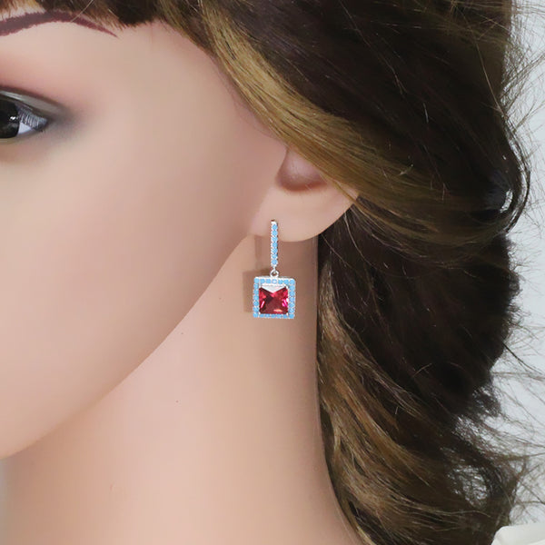 Big Square CZ Jewelry High Quality Light Blue And Red Crystal Stone Dangle Drop Earrings