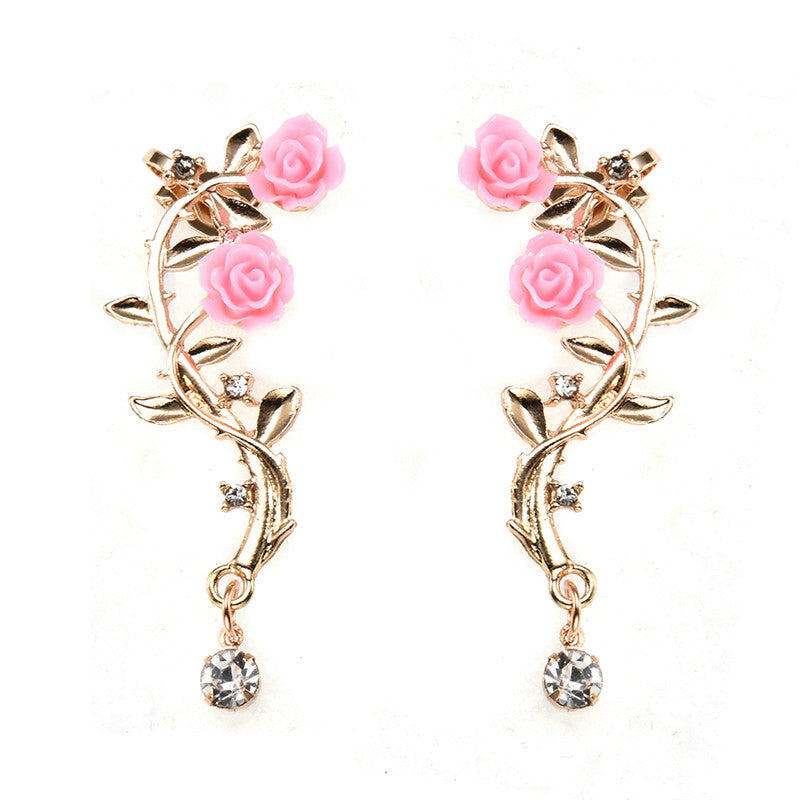 Fashion Rose Leaf Flower Ear Stud Cuff Earring