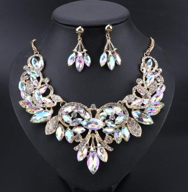 Fashion Gifts Leaves Crystal Necklace Earrings Sets