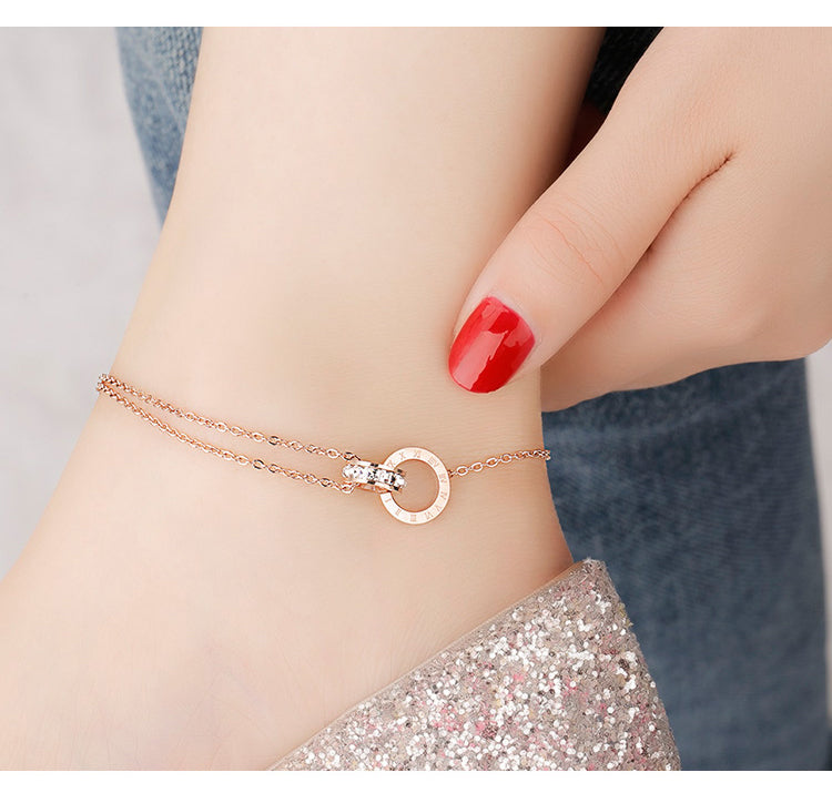 2 Circles Anklet   Roman Numerals Zircon  Stainless Steel Chain