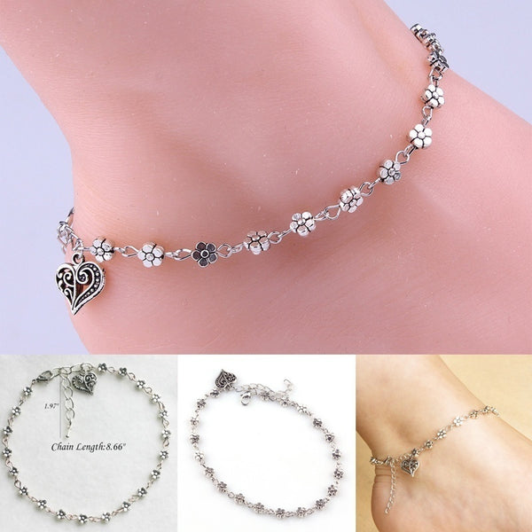 Pulsera tobillera con cadena de cuentas de plata para mujer