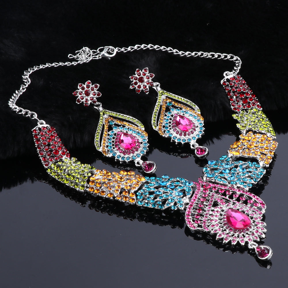Gold Color Multicolor Crystal Rhinestones Feather shaped Necklace Earrings Set