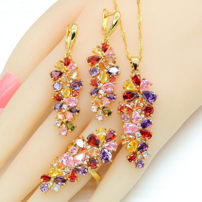 New Multi Color Zirconia Gold Color Jewelry Sets