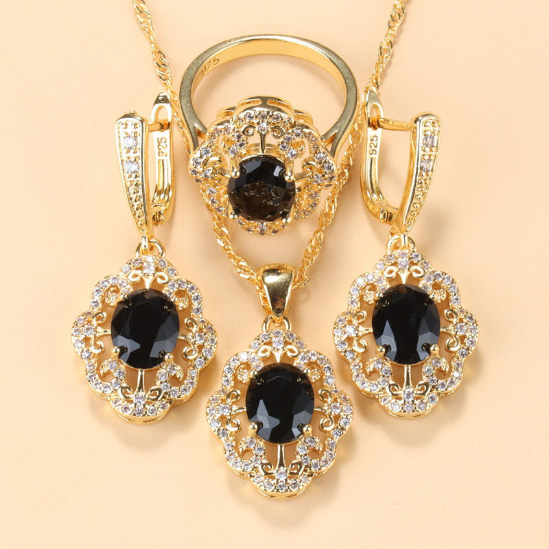 Gold-Plated Black Zirconia Earring Necklace And Bracelet Ring Gift Set