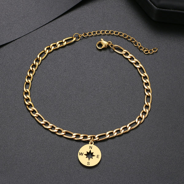 Tobilleras de acero inoxidable con brújula y cadena cubana de moda