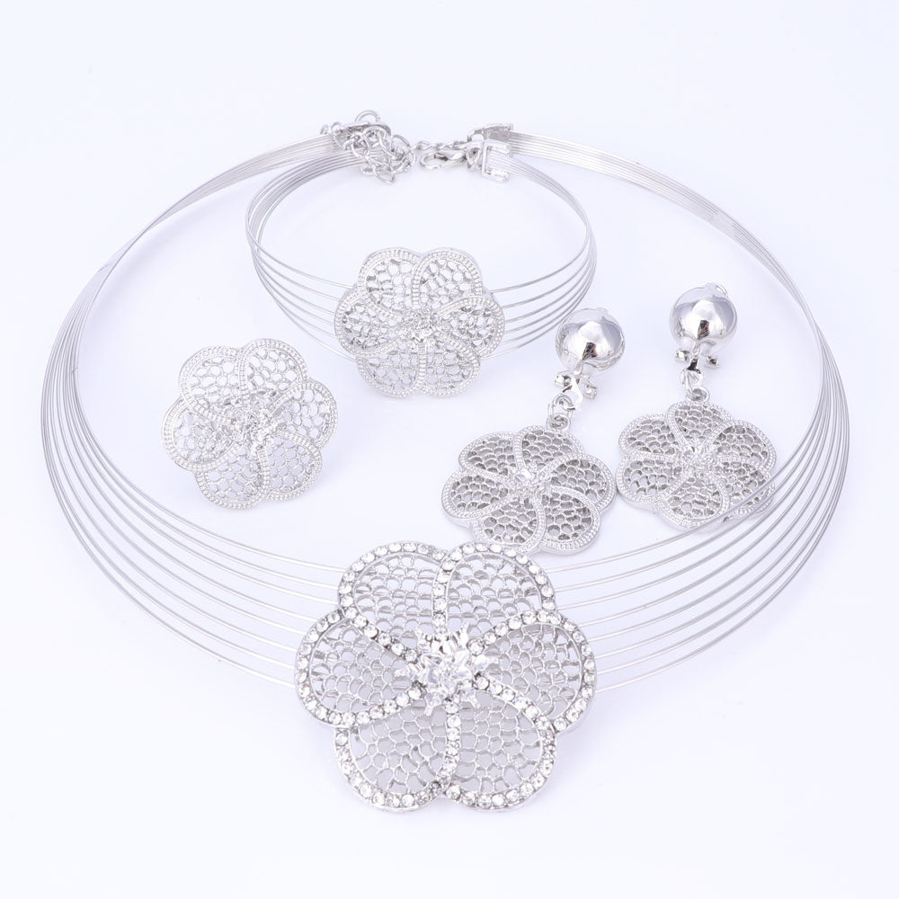 Vintage Rhinestone Flower Pendant Necklace Earrings Bracelet Ring Set
