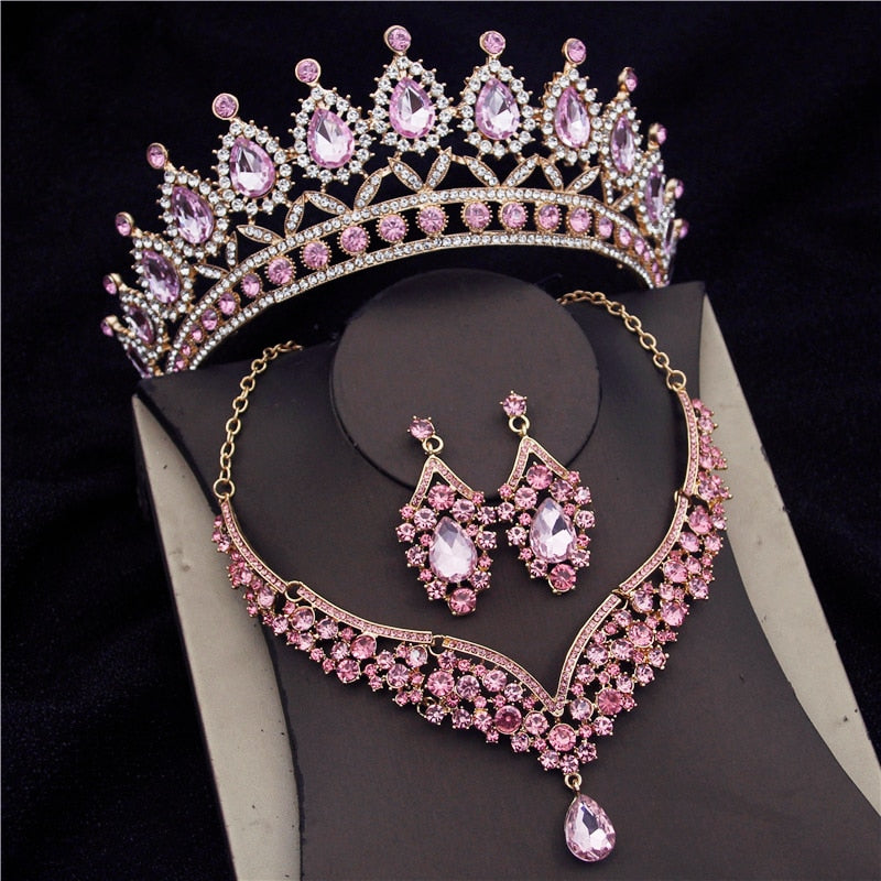 Gorgeous Pink Crystal Tiaras Bridal Jewelry Sets