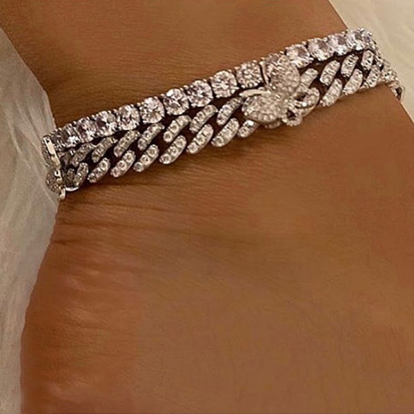 Tobilleras de eslabones cubanos de metal grueso con diseño de mariposa y diamantes de imitación de hip hop