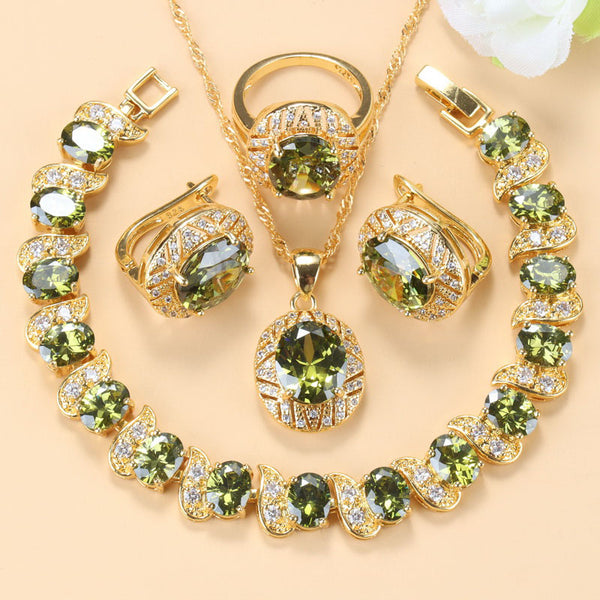Conjuntos de joyería nupcial con pendientes, collar y anillo de clip de circonita verde oliva