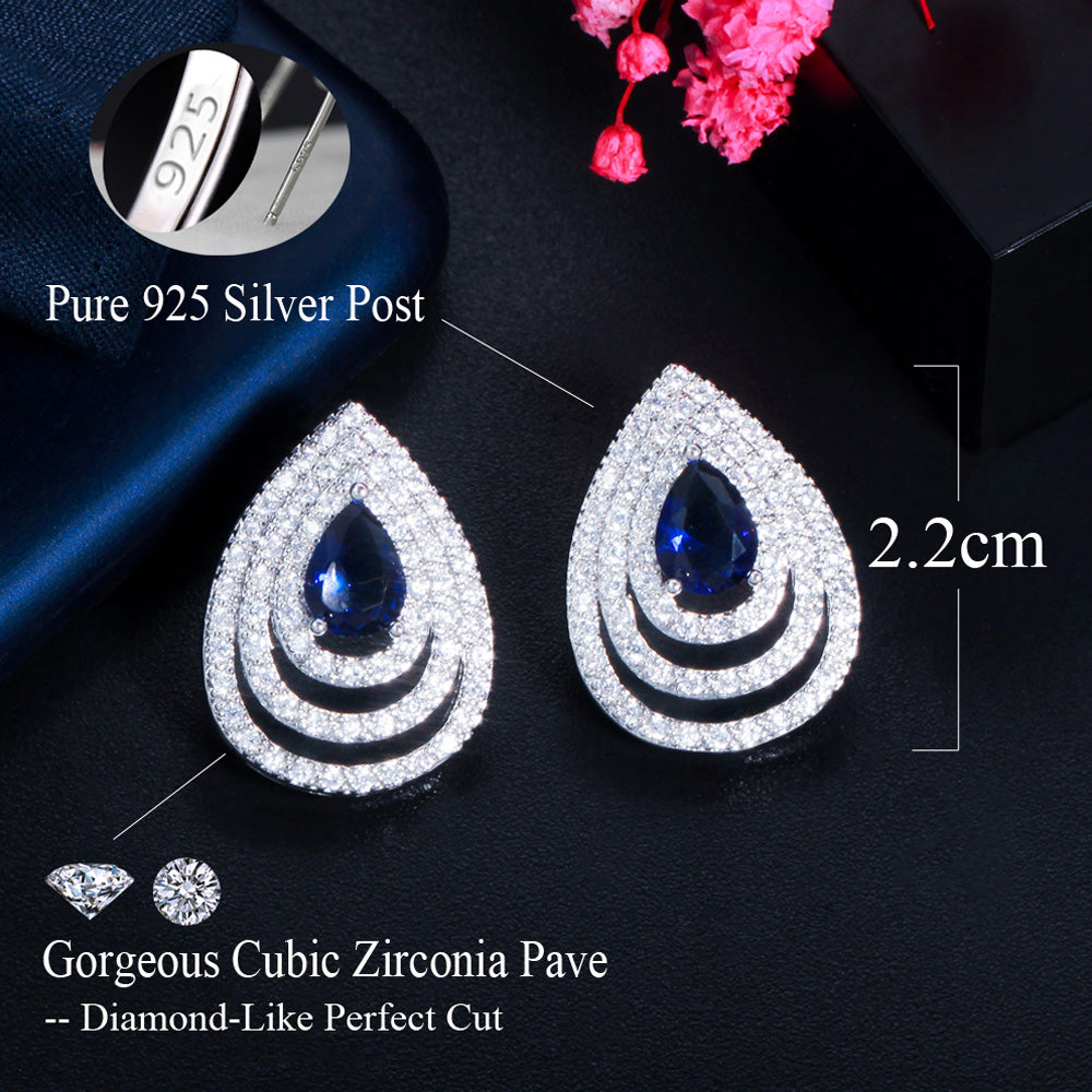 Green Blue Cubic Zirconia Silver Color Multiple Waterdrop Shape Stud Diamond Earings