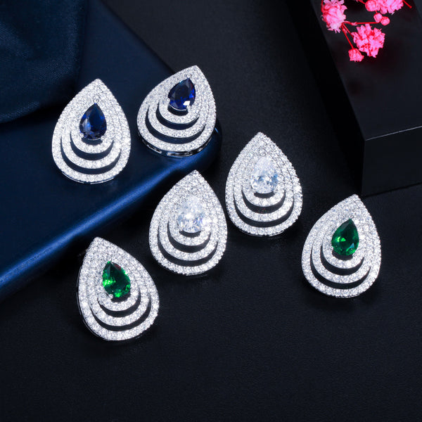 Green Blue Cubic Zirconia Silver Color Multiple Waterdrop Shape Stud Diamond Earings