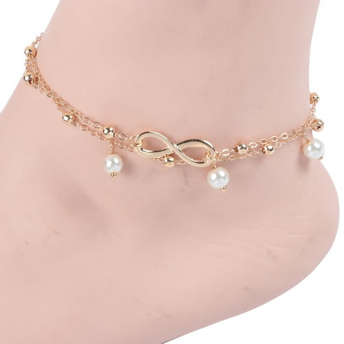 Tobilleras bohemias de doble capa para mujer, pulseras de tobillo descalzas