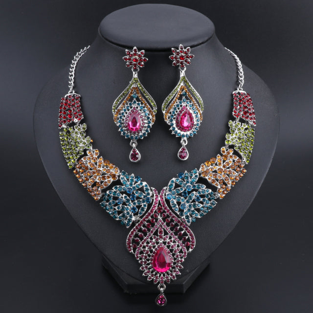 Luxury Blue Crystal Earrings Necklace Bridal Wedding Jewelry Set