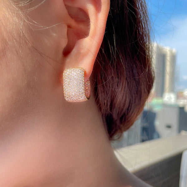 585 Rose Gold Full Cubic Zirconia Pave Setting U Shape Circle Hoop Earrings