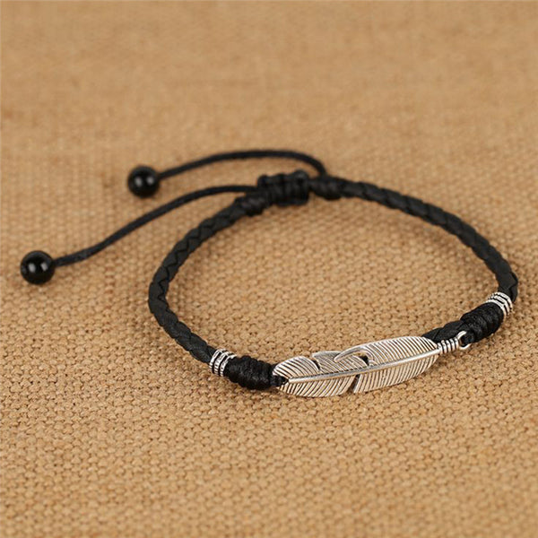 Tobilleras de cuerda de cuero con plumas para hombre, hechas a mano estilo bohemio