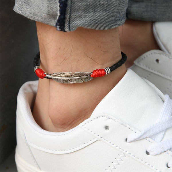 Tobillero de cuero con plumas para hombre, estilo bohemio, hecho a mano