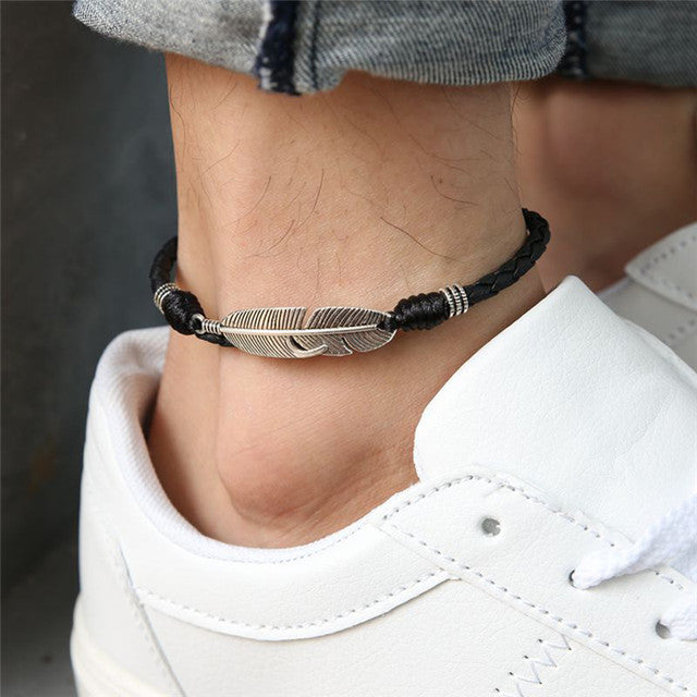 Boho Handmade Man Feather Leather Rope Ankle