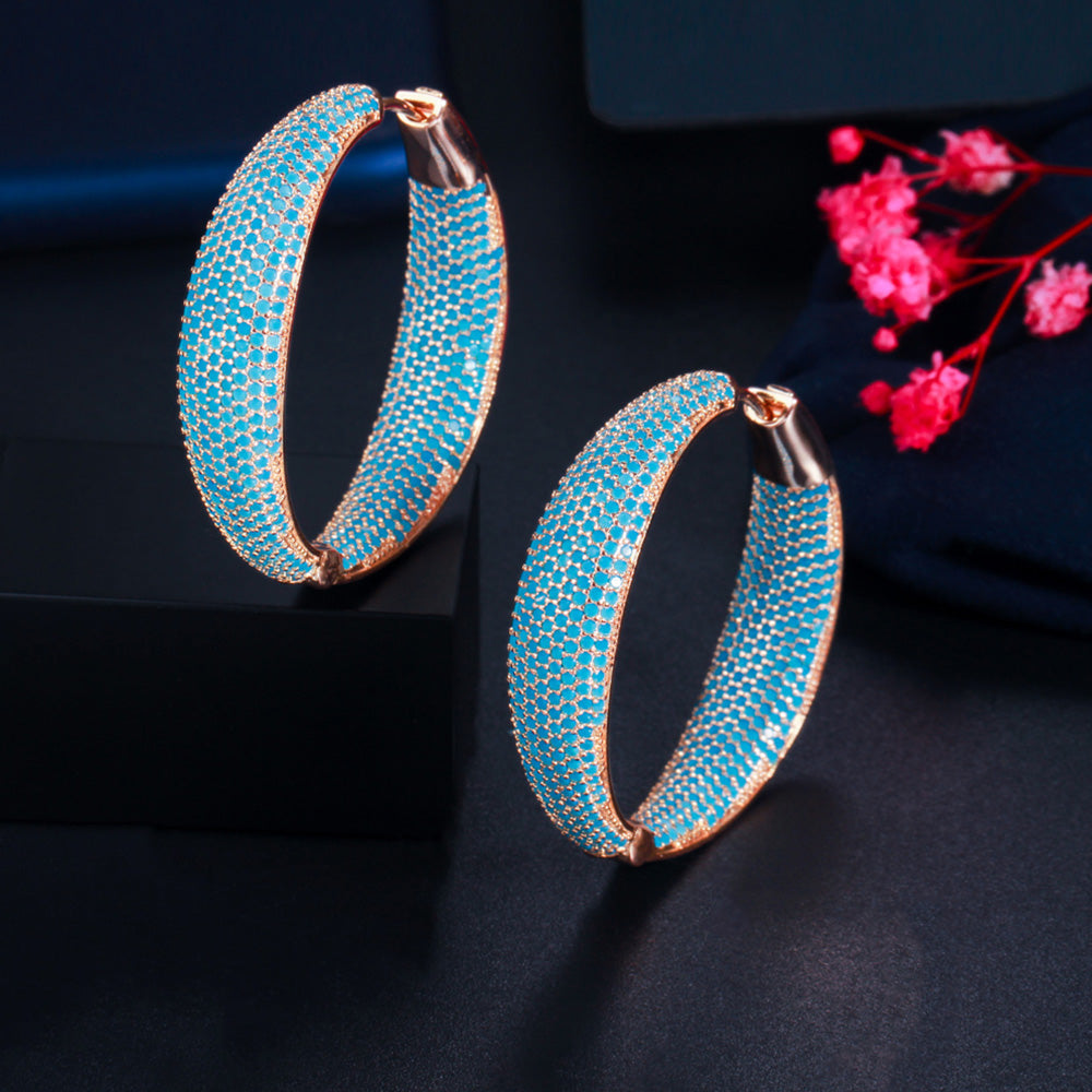 Light Blue CZ Stone Pave Setting Large Chunky Circle Round Huggie Hoop Earring