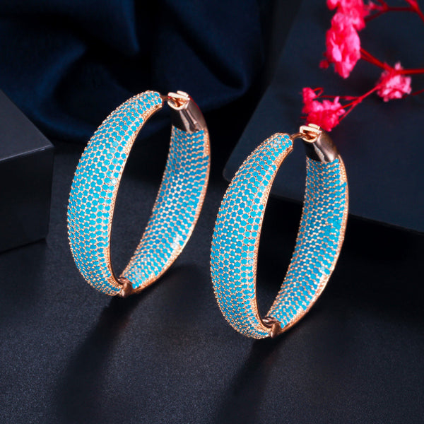 Light Blue CZ Stone Pave Setting Large Chunky Circle Round Huggie Hoop Earring