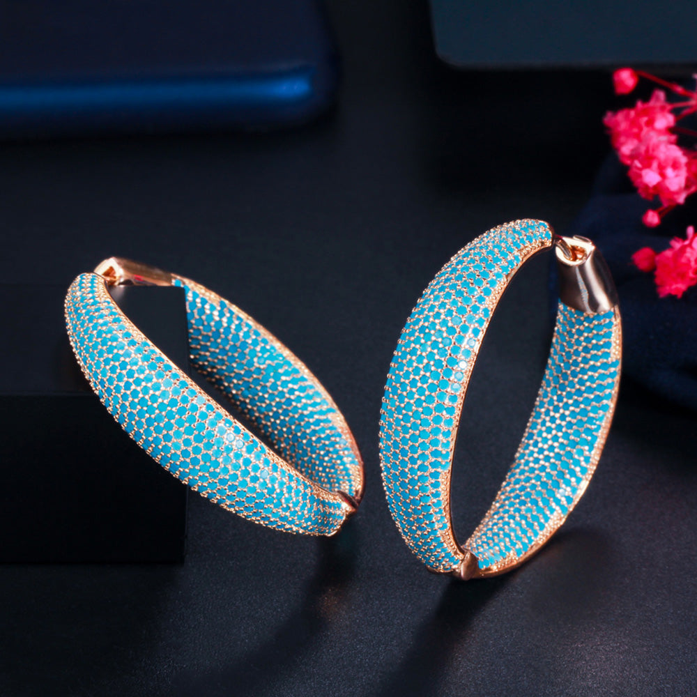 Light Blue CZ Stone Pave Setting Large Chunky Circle Round Huggie Hoop Earring