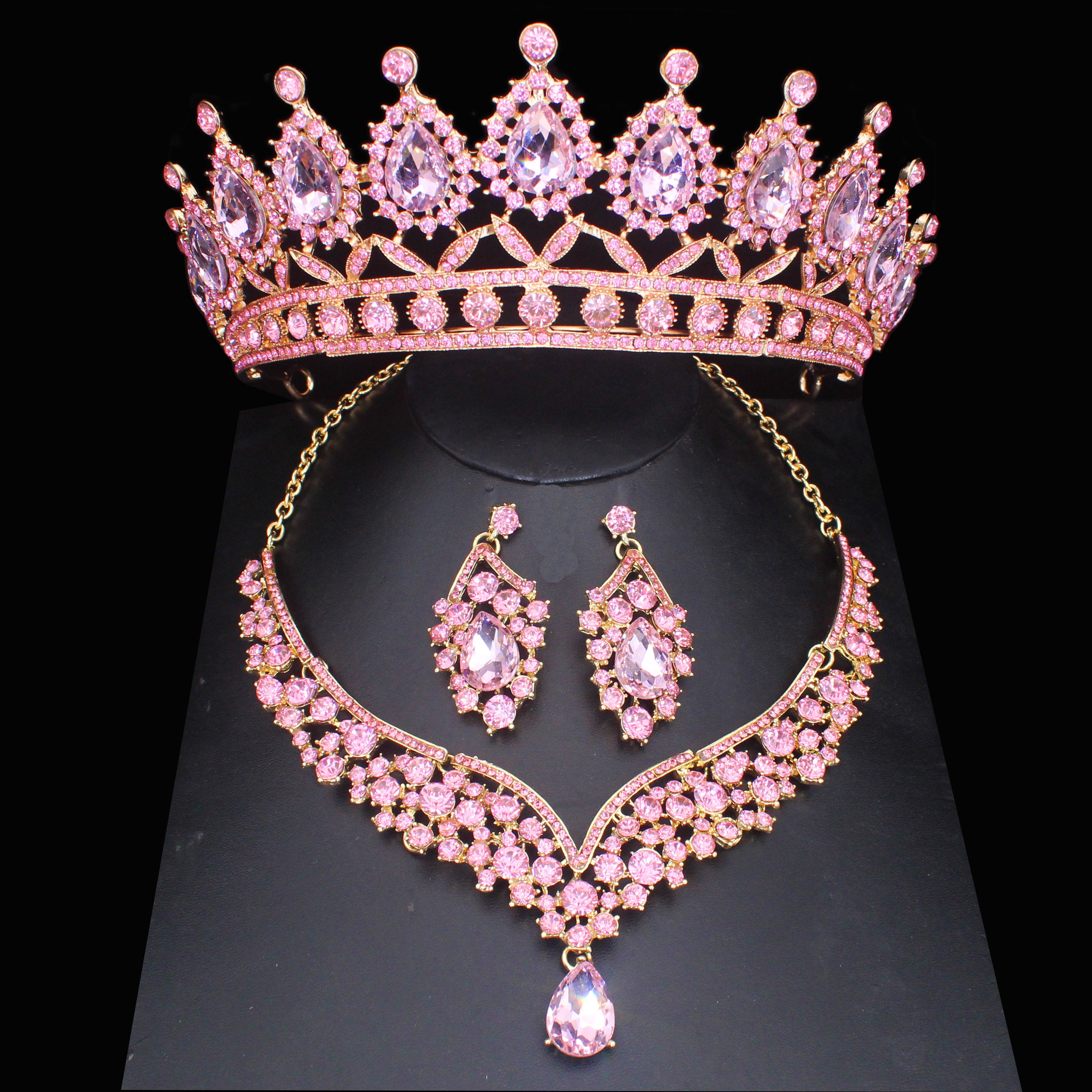 Pink Crystal Bridal Jewelry Sets For Women
