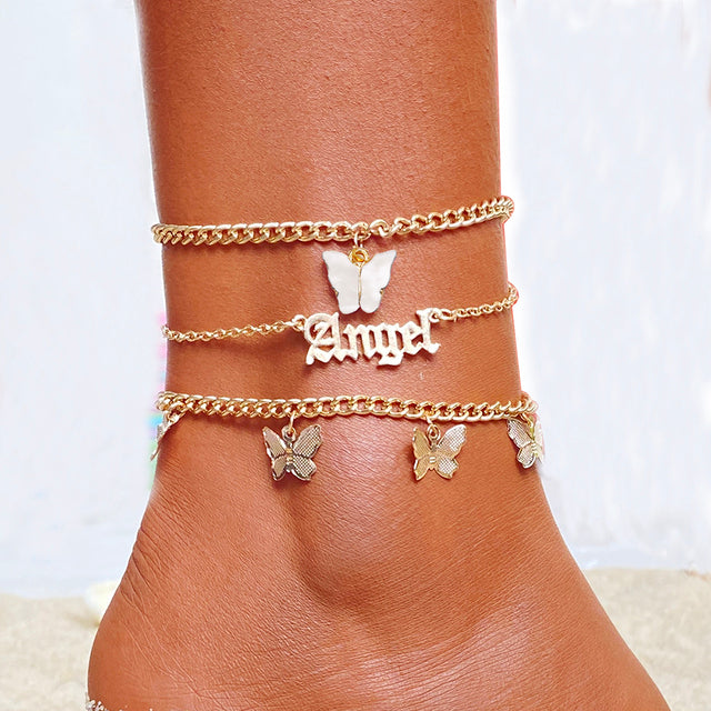 Bohemia Vintage Double Layer Butterfly Chain Anklets For Women