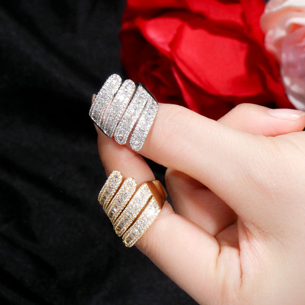 Anillos de dedo con forma de hoja, ajustables, brillantes, de circonita cúbica, color plateado, únicos, para cóctel o fiesta.