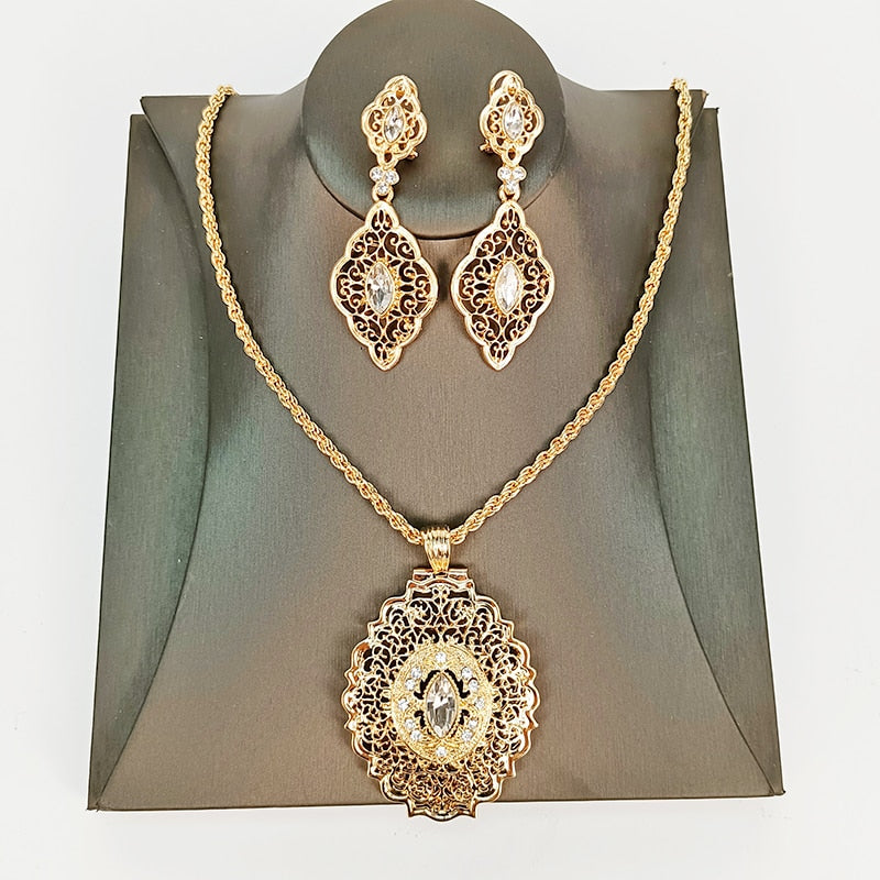 Gold Pendant Earrings Pendant Necklace Large Crown Jewelry Set