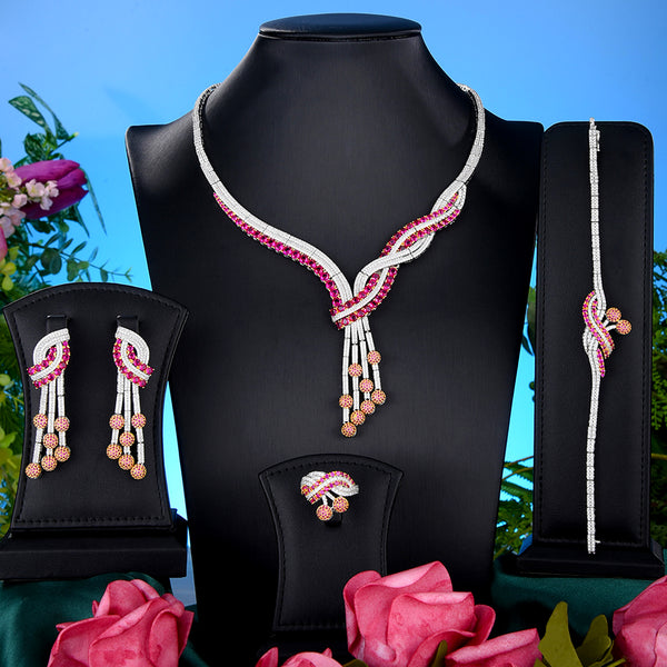 Flowers Drop Luxury Indian  Zircon Crystal Dubai Bridal Jewelry Set Gift