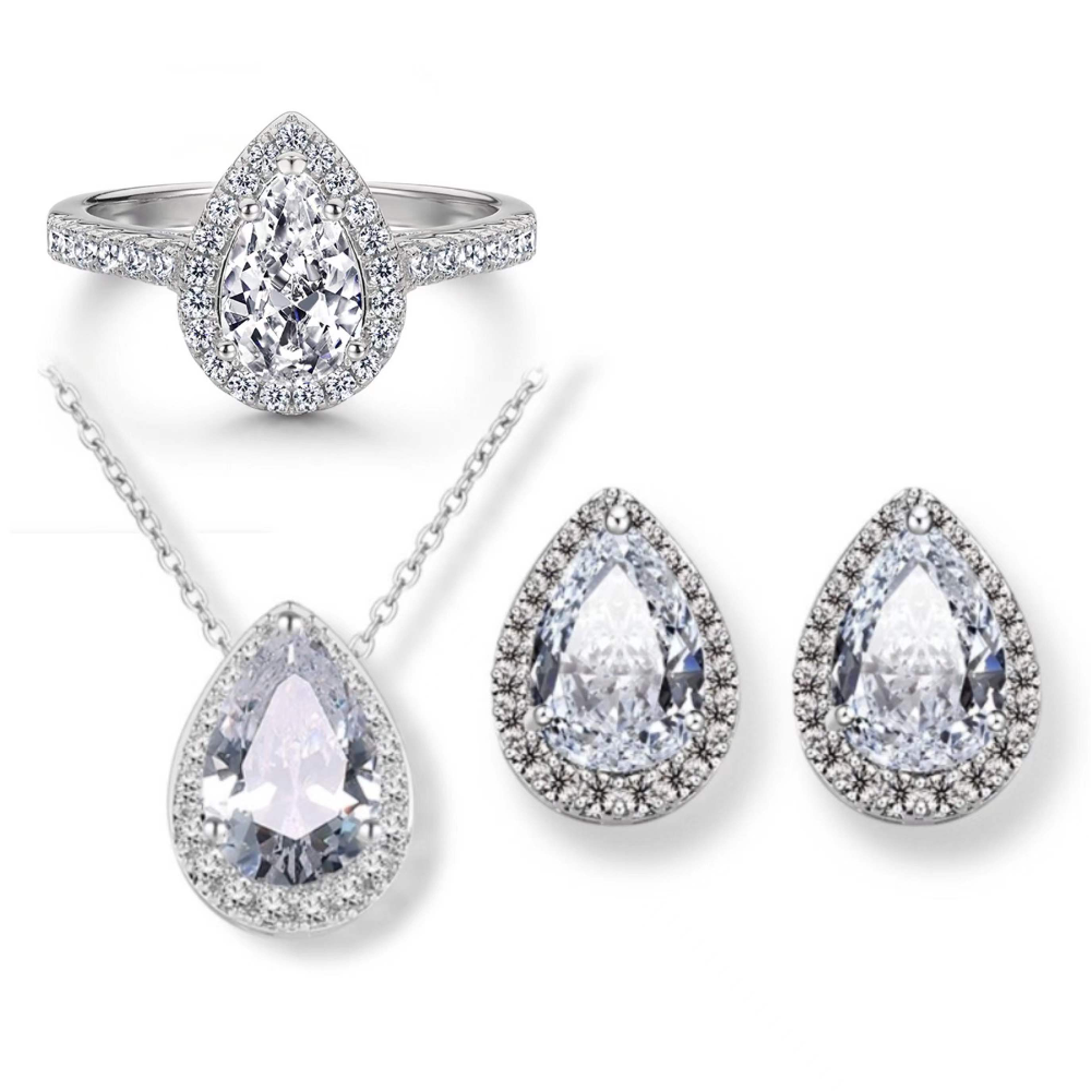 Luxury 1 Carat Heart Round Water Drop Women Necklace Ring Earring Set