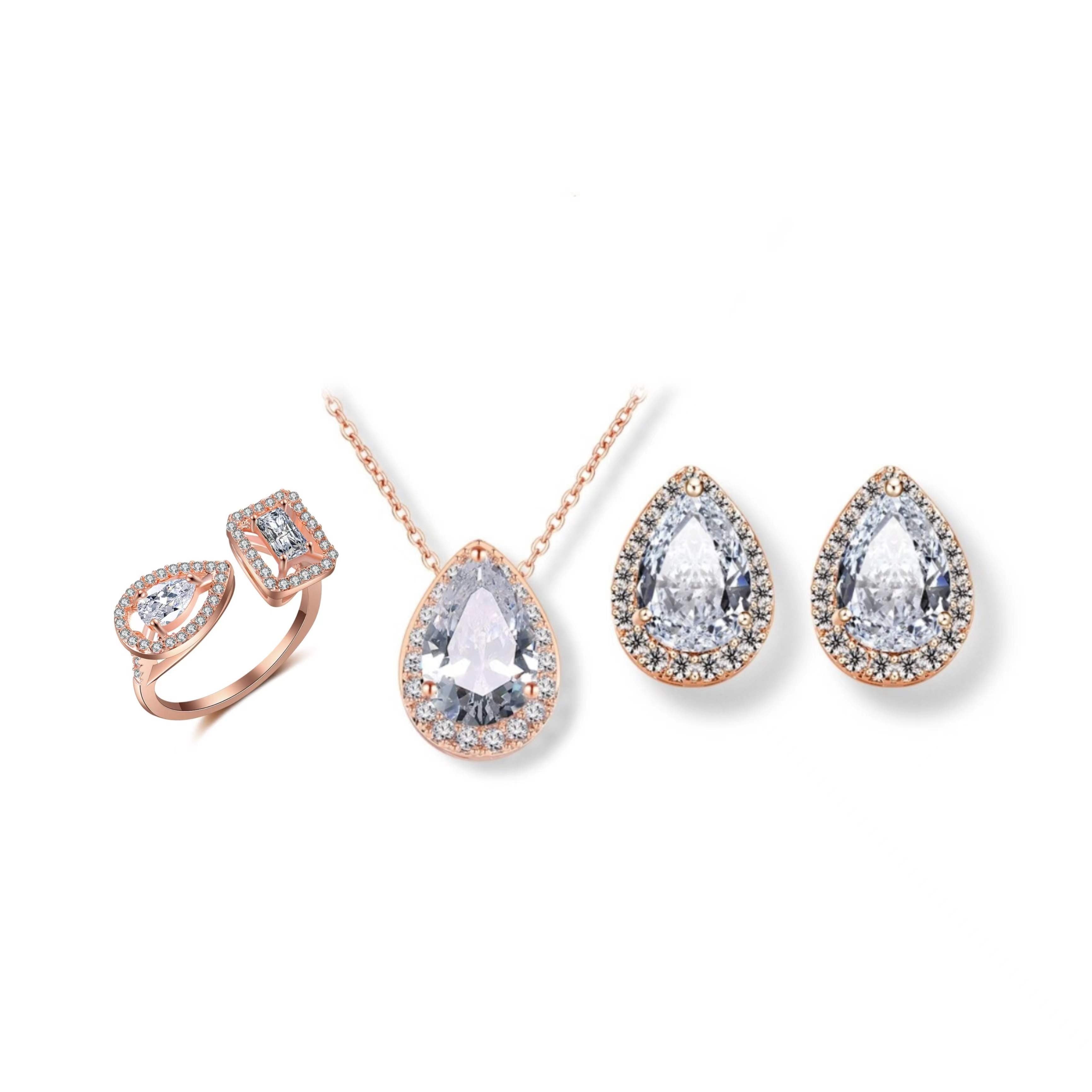 Luxury 1 Carat Heart Round Water Drop Women Necklace Ring Earring Set