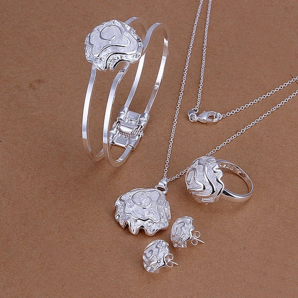 roses necklace bracelet ring Stud Earrings fashion Silver color jewelry sets