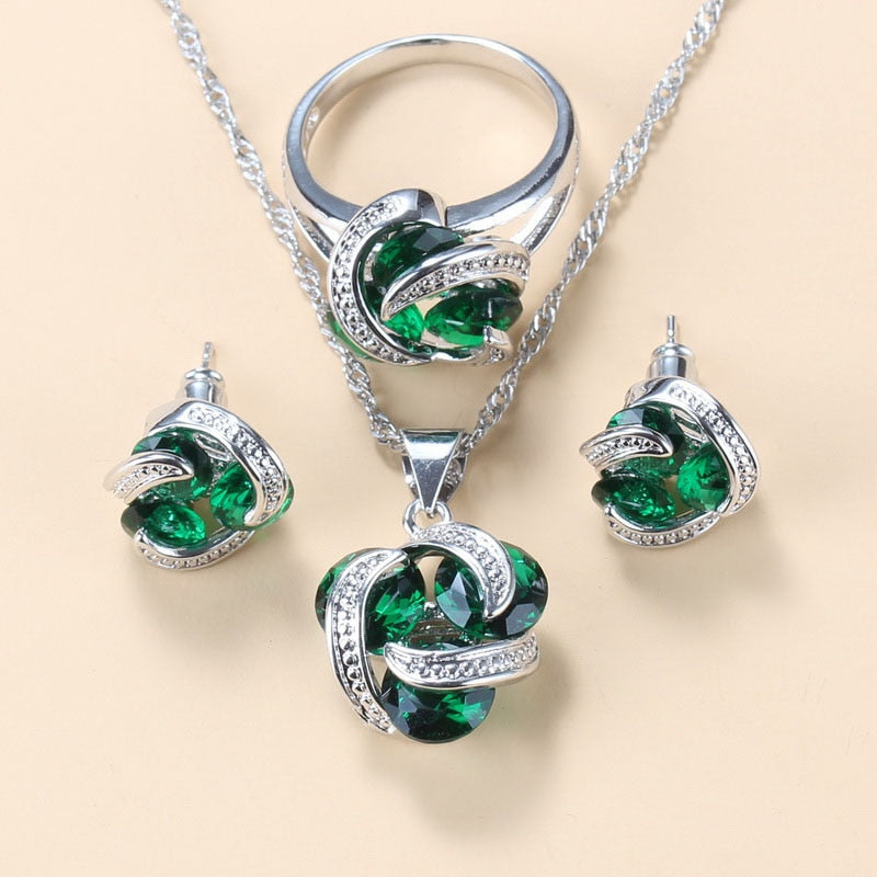Green Zirconia Stud Earrings And Necklace  Sets