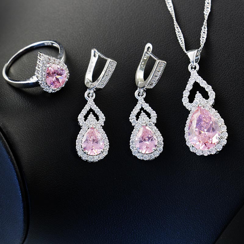 Shiny CZ Hot in Square Big Pear Pink Zircon Silver Color Jewelry Set