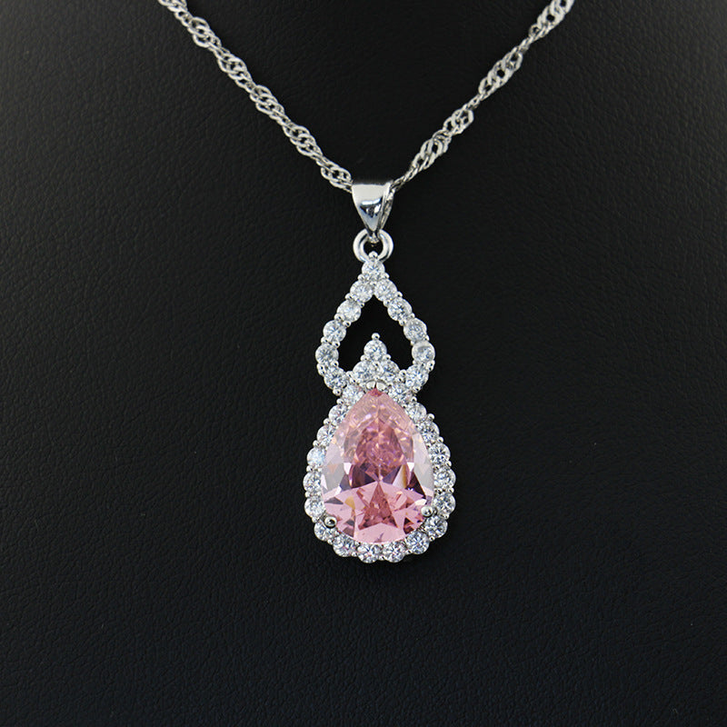 Shiny CZ Hot in Square Big Pear Pink Zircon Silver Color Jewelry Set