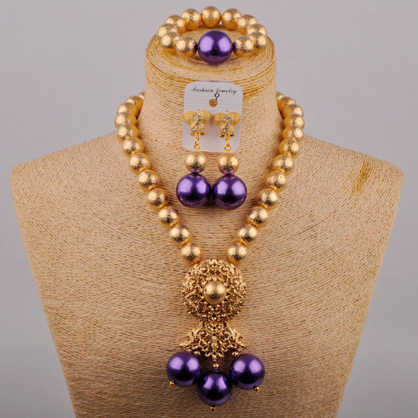 Conjunto de joyería africana para boda con collar de perlas de cristal morado de moda