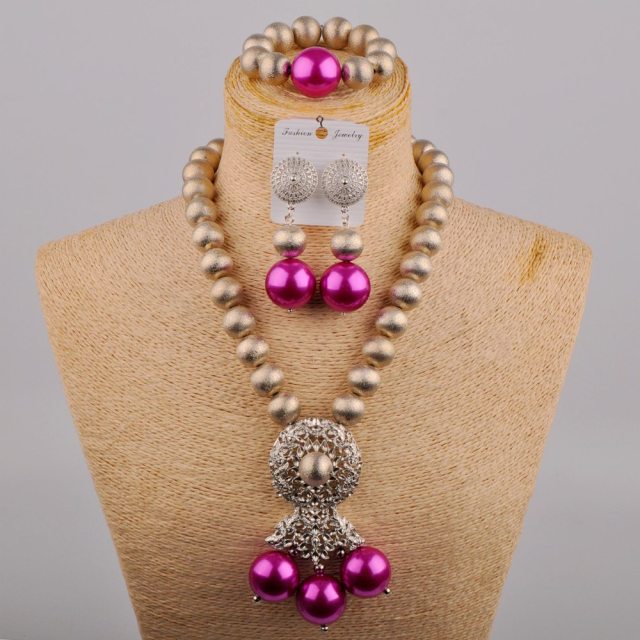 Fashion Purple Glass Pearl Necklace African Wedding Jewelry Set