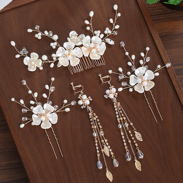 Conjuntos de joyas con peines, horquillas, pendientes y borlas de perlas de cristal