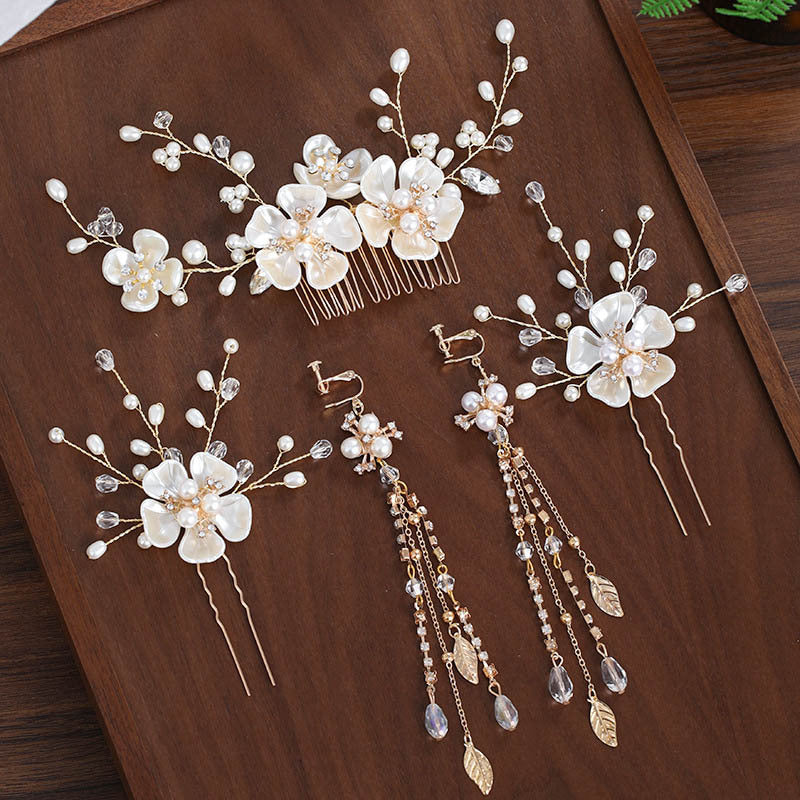 Crystal Pearls Hair Combs Hairpins Tassel Earrings Jewelry Sets