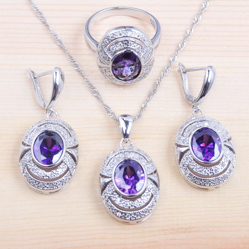 Purple Crystal Pendants Necklace Earring Ring Jewelry Set